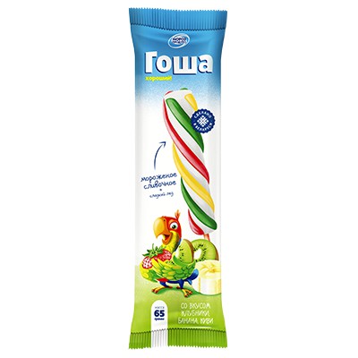 Мороженое Гоша пламбир с ароматом ванили в покрытии ис сладкого льда со вк клубники банана и киви 65