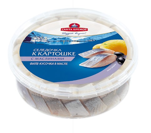 Филе-кусочки сельди "Селедочка к картошке" с маслинами в масле 500г Санта Импэкс