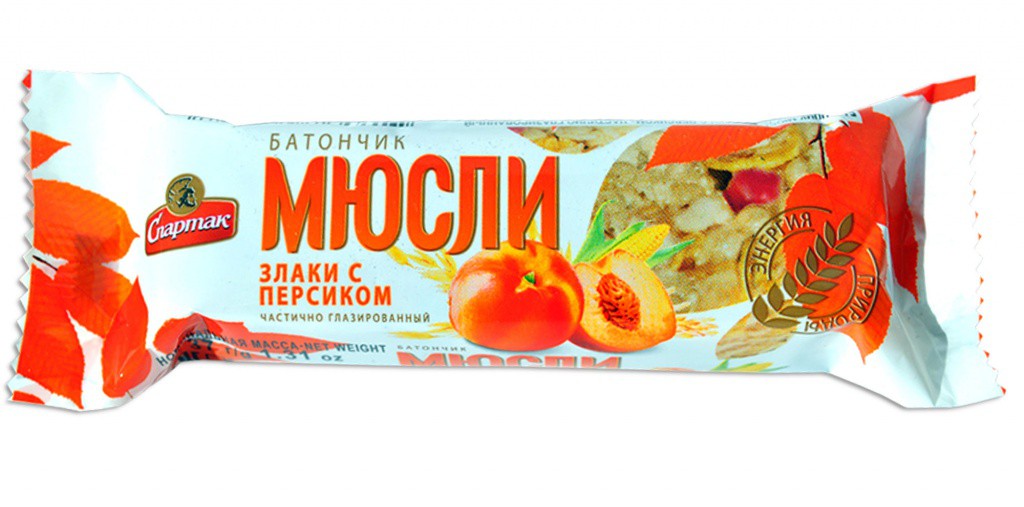 Батончик-мюсли Злаки с персиком частично глазированный 35г
