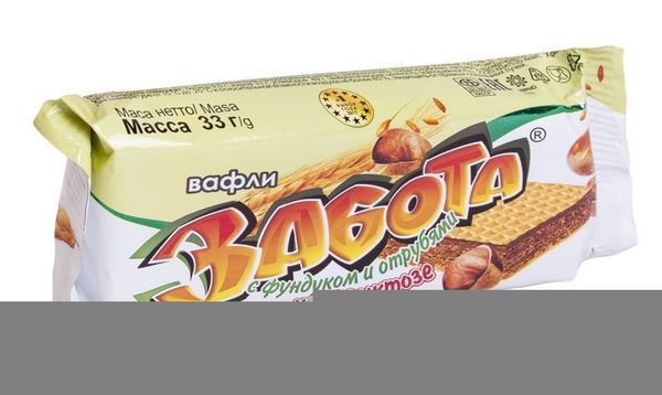 Вафли Забота на фруктозе с фундуком и отрубями 33г