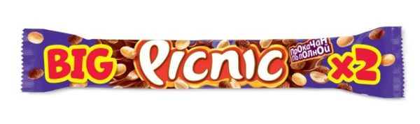 Батончик Биг Пикник с арахисом и изюмом и карамелью покрытый мол.шок 76г