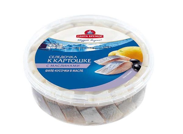 Филе-кусочки сельди слабосоленые Селедочка к картошке с маслинами п/б 350г