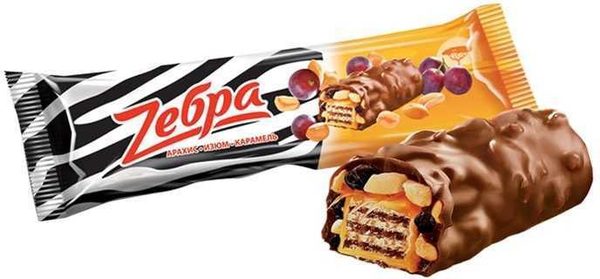 Вафли "Zebra" арахис-изюм-карамель глаз. Молочно-шоколад глаз. 40 г