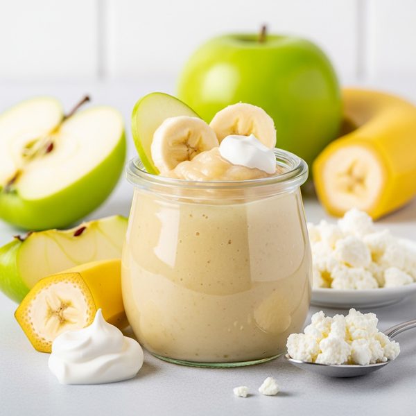 Пюре Местное известное из яблок и банана со сливками и творогом для дет пит